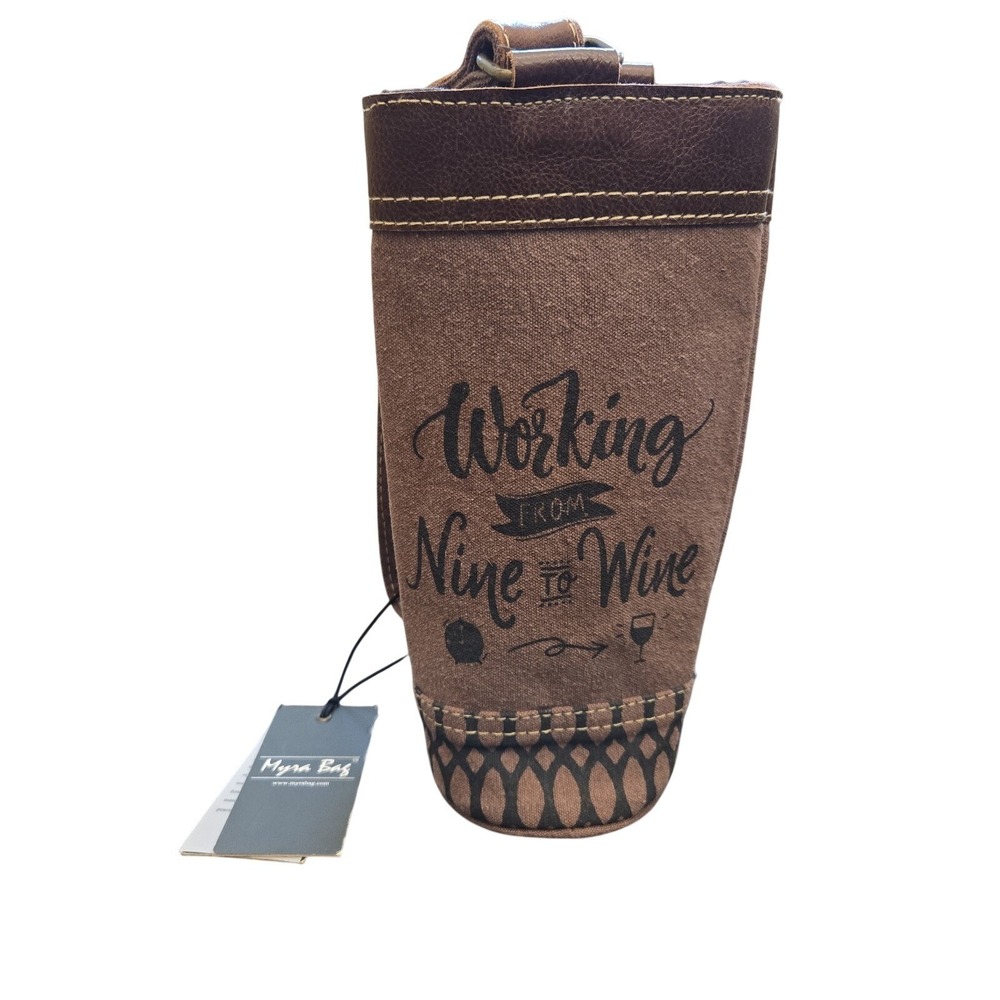 Myra Bag Working From Nine To Wine Leather Canvas Wine Bag NWT